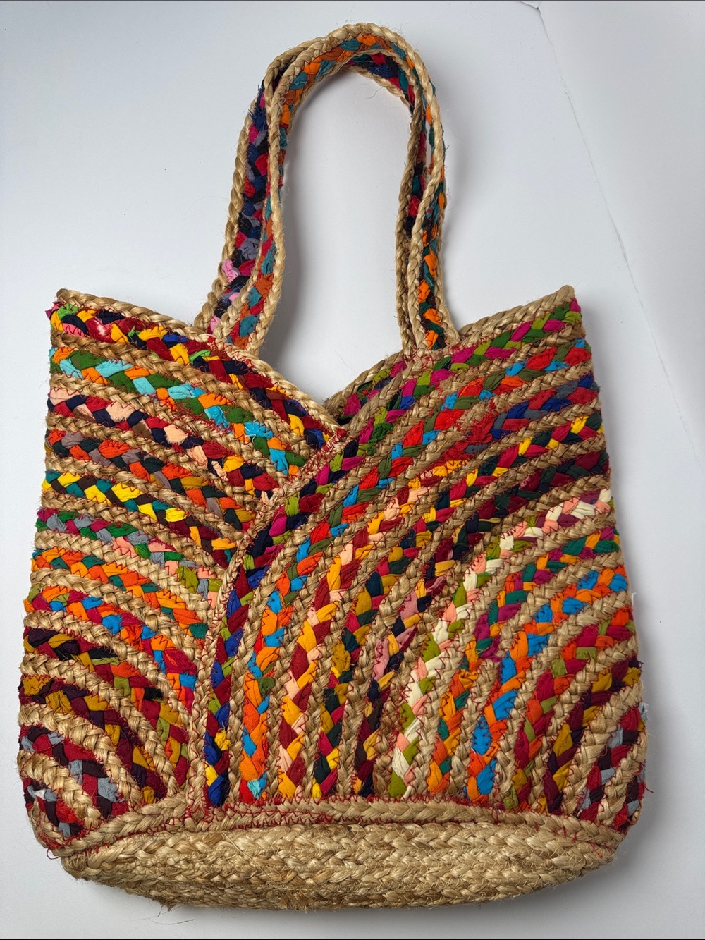 UNCOMMON Repurposed Woven Jute Straw Bag Multicolor Market Tote Carry All BOHO